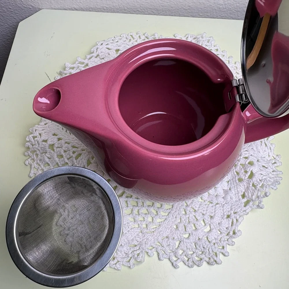 HuesNBrews Pink Personal Teapot Modern Minimalist Ceramic Stainless Steel